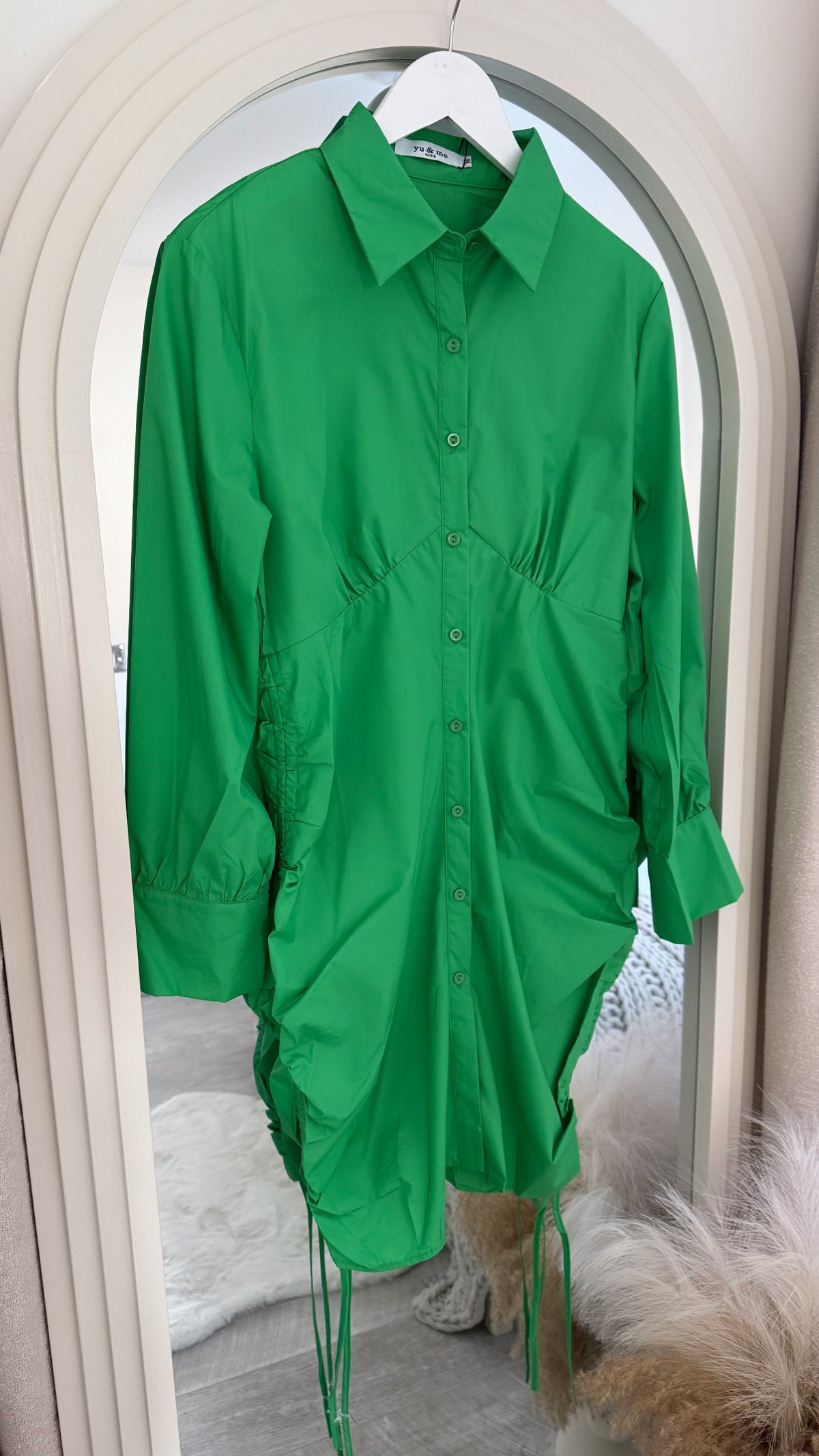 GREEN Ruched Long Sleeve Shirt Dress | DollFace Boutique Limited GREEN Ruched Long Sleeve Shirt Dress | DollFace Boutique Limited