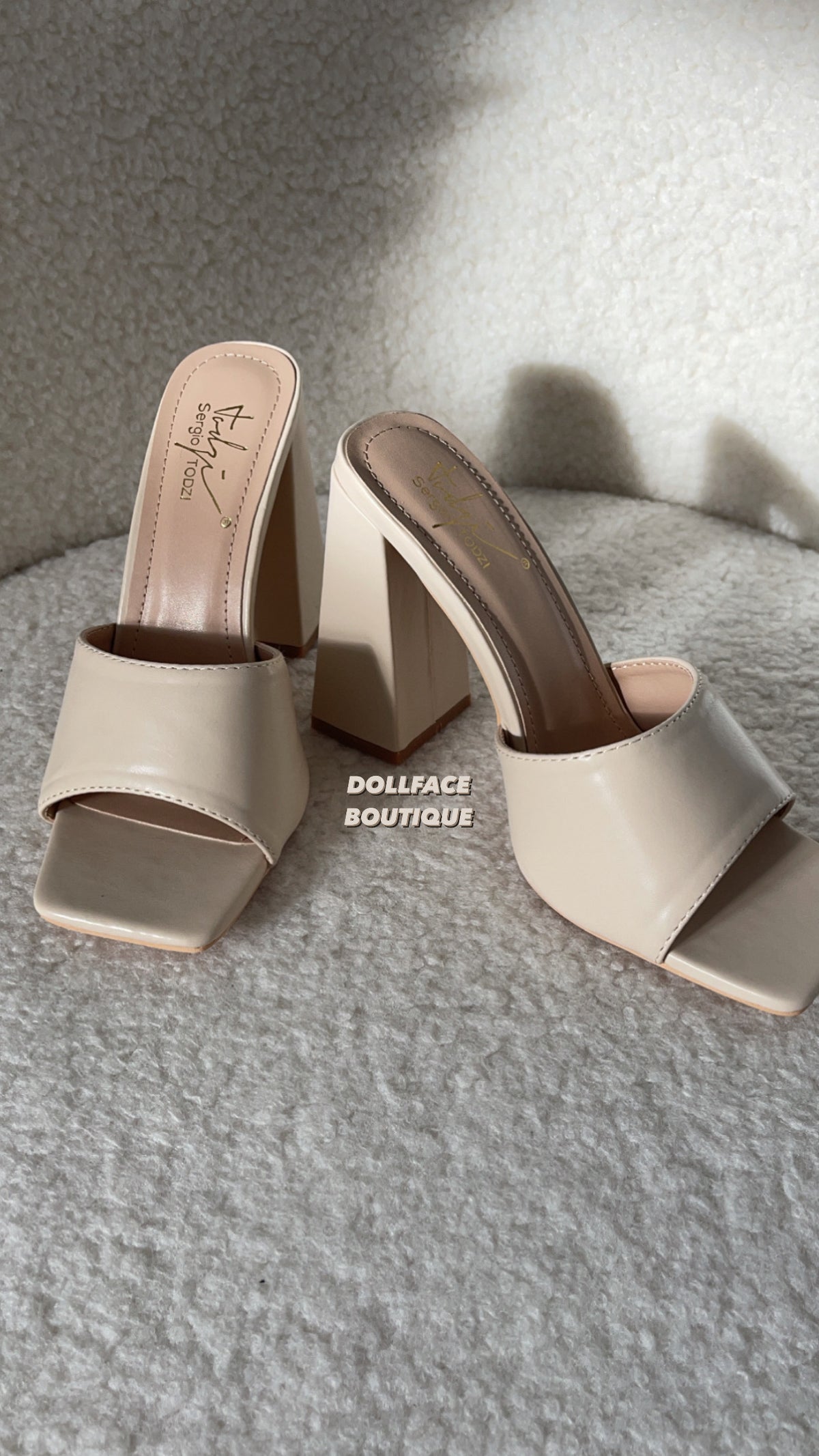 PENELOPE Beige Heeled Mules DollFace Boutique Limited