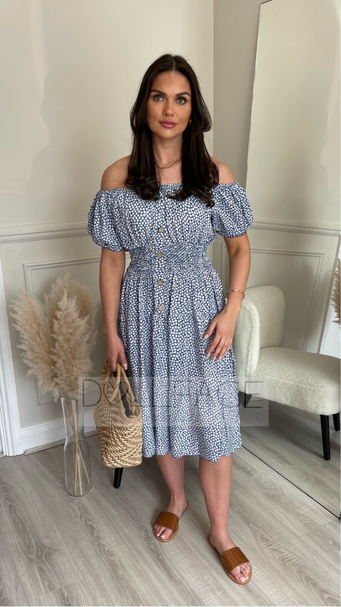 NANCY Floral Blue Bardot Dress DollFace Boutique Limited