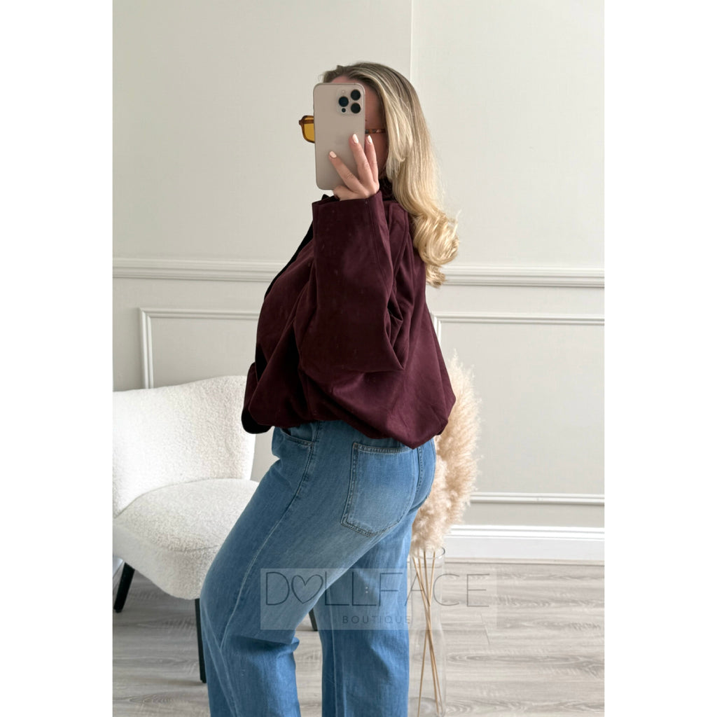 CASSIE Faux Suede Cropped Balloon Berry Jacket