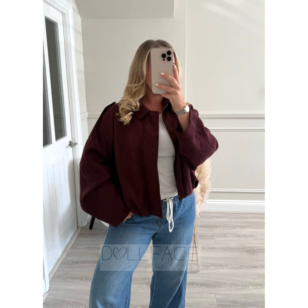 CASSIE Faux Suede Cropped Balloon Berry Jacket