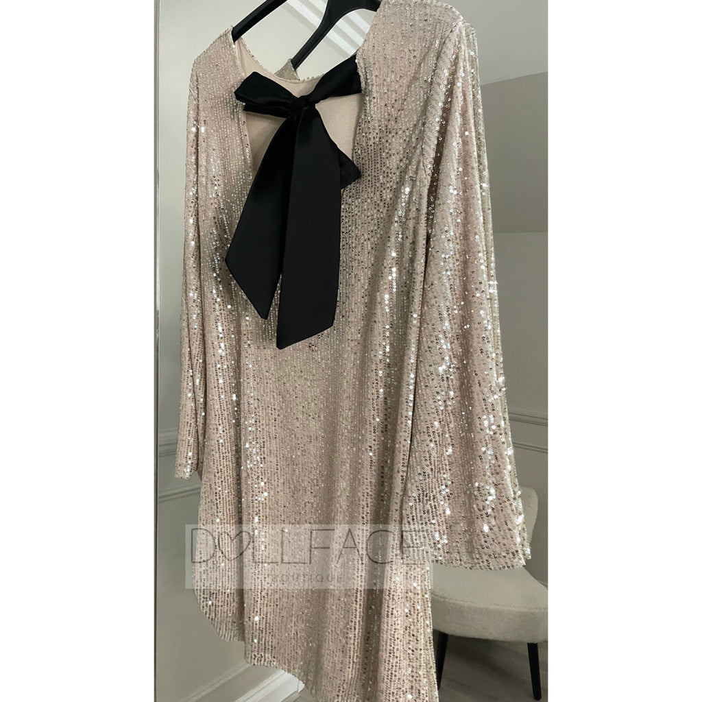 LARA Sequin Beige Bow Sequin Sparkle Dress