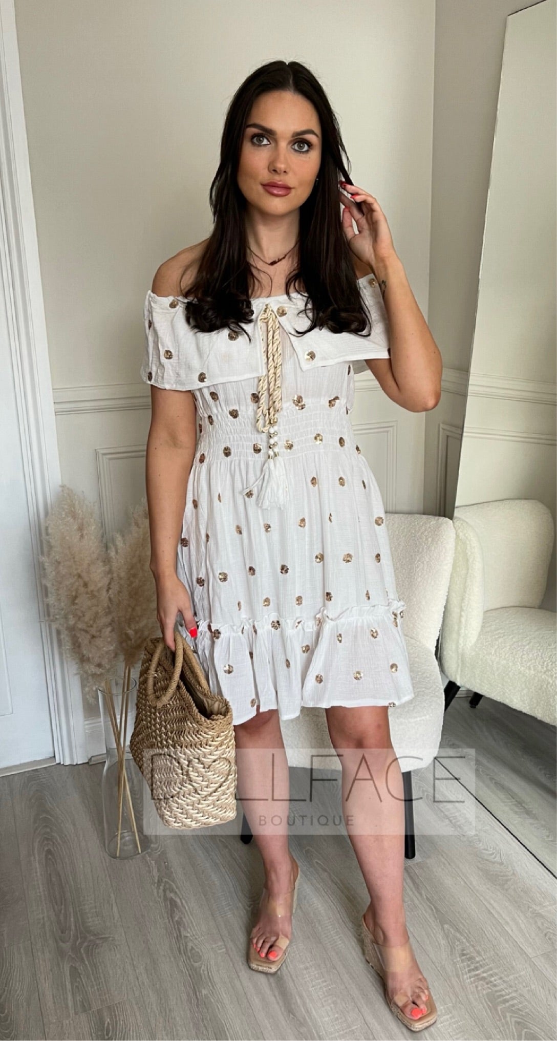 EDEN White Gold Sequin Bardot Dress DollFace Boutique Limited