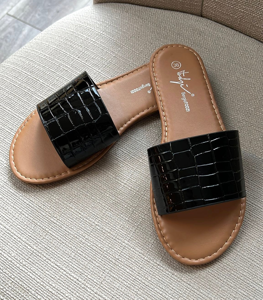 LUCIA Black Croc Sandals