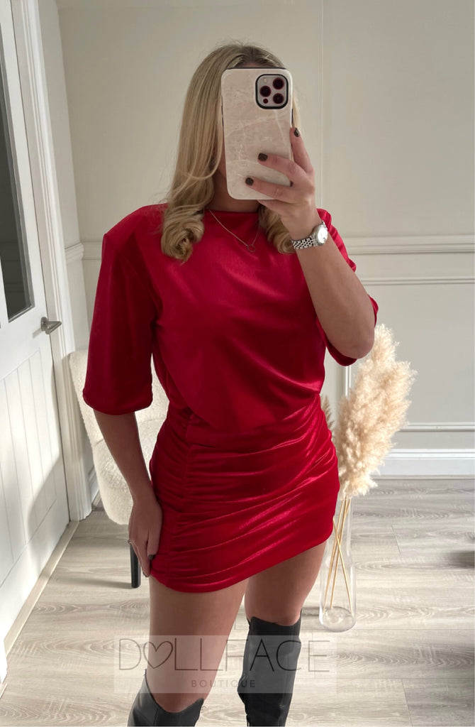 AMELIA Red Velvet Ruched Skirt Set