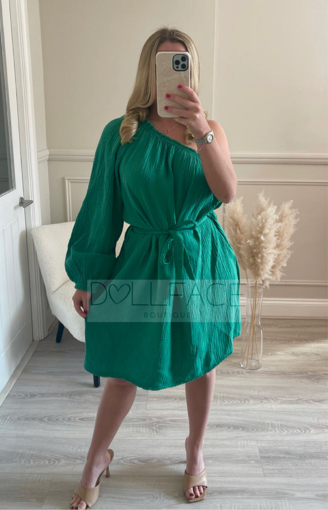 VALENTINA Green Off Shoulder Cheesecloth Dress
